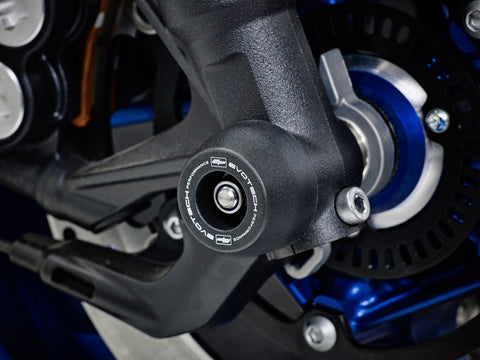 The precision fit of the EP bobbin to the front wheel of the Yamaha XSR900 from the EP Spindle Bobbins Kit, offering crash protection to the front forks, spindle retainers and brake calipers. 