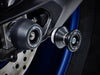 The swingarm of the Yamaha MT-09 SP with EP Paddock Stand Bobbins installed near EP Rear Spindle Bobbins Crash Protection. 