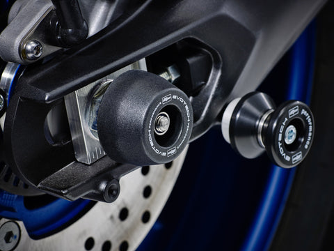 The rear wheel of the XSR900 with EP Spindle Bobbins Crash Protection bobbin fitted to the rear spindle offering swingarm protection. 