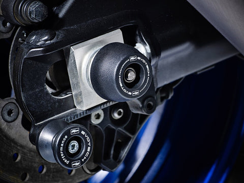 EP Spindle Bobbins Kit crash protection for the rear swingarm of the Yamaha YZF-R1, fitted near EP Paddock Stand Bobbins.  