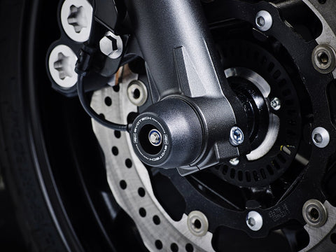 The front wheel of the Yamaha FZ-07 with Spindle Bobbins crash protection fitted, one part of the EP Spindle Bobbins Paddock Kit.