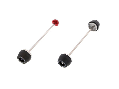 EP Spindle Bobbins Kit for the Aprilia Tuono V4 Factory includes rear spindle rod with one bobbin and one anodised red hub stop (left component) and front fork protection spindle rod with two EP nylon bobbins (right component).