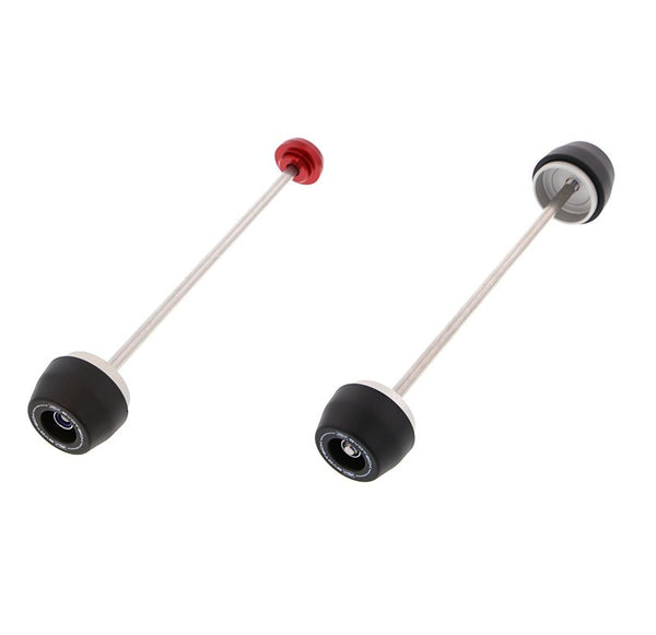 EP Spindle Bobbins Kit for the Aprilia Tuono V4 1100 Factory includes rear spindle rod with one bobbin and one anodised red hub stop (left component) and front fork protection spindle rod with two EP nylon bobbins (right component).
