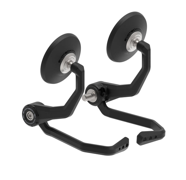 Evotech Bar End Mirrors / Brake and Clutch Protector Kit (Retro) for the Suzuki DRZ-4S are a pair of circular motorcycle mirrors each with integrated Evotech lever guard. The aluminium CNC-machined parts are black powder-coated for longevity and the parts are fastened using the model-specific collet mounting system.