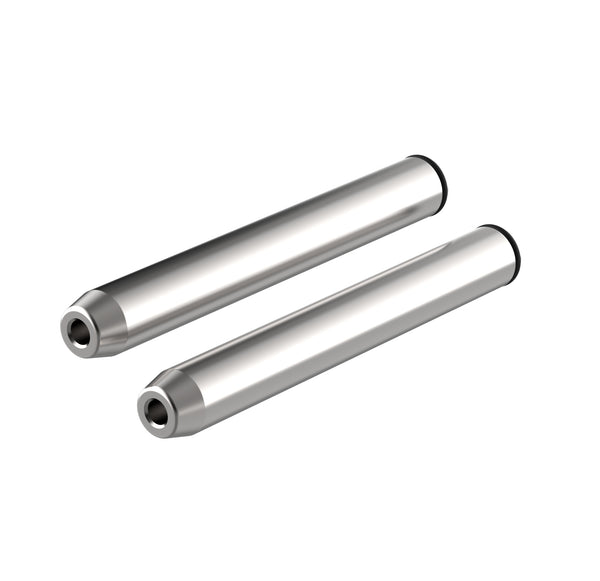 The pair of stainless steel Evotech Bar End Extended Weights are 110mm in length. Each weight can be added to the Evotech bar end collet installation system and is completed with a black O ring. 
