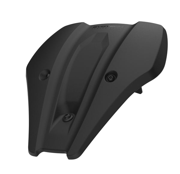With aerodynamic shaping, and a bespoke aluminium fitting bracket, the Evotech Fly Screen is an easy-to-fit essential motorcycle accessory. Injection-moulded from strong ABS, the motorcycle front cowl has a matt black durable finish and Evotech Performance logo. 
