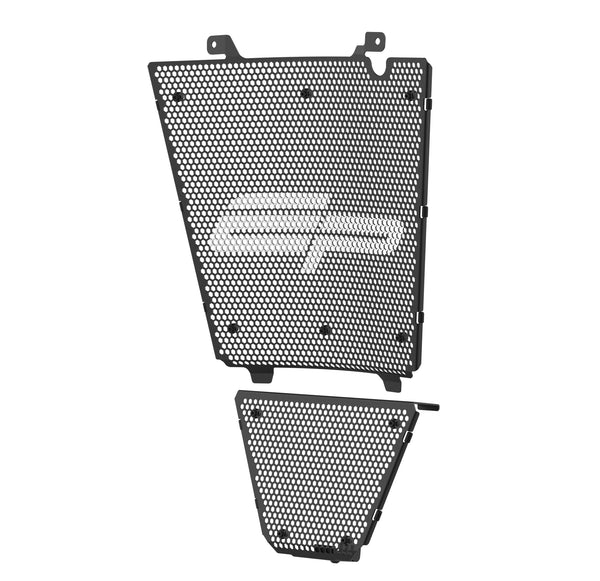 Evotech's motorcycle radiator guard and oil cooler guard with EP brand logo on a white background. The motorcycle parts are supplied with all fasteners, including rubber bungs.