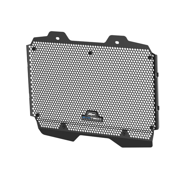 The black aluminium Evotech radiator guard has a honeycomb mesh pattern and a small blue and white Evotech Performance logo badge. Supplied with a range of fasteners and anti-vibration rubber bungs, Evotech's rad protector is shaped to fit and contour precisely to the motorcycle's radiator.