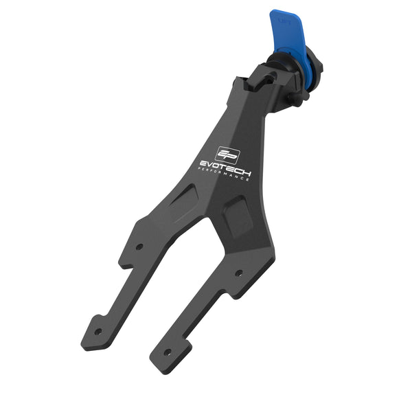 Evotech's black aluminium Chigee screen mount features the black and blue Chigee interface at the top, with screw cap covers which can be replaced by wing screws. The black powder-coated motorcycle part features the Evotech Performance brand logo printed on the side, set against a plain white background.