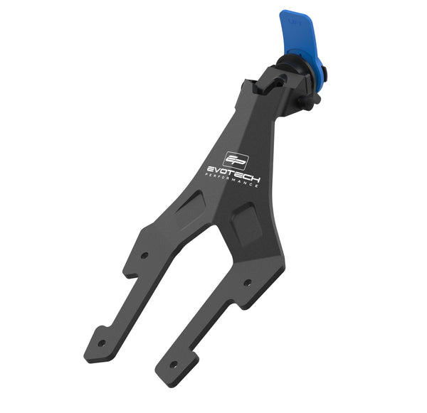 With a blue and black Quad Lock smartphone attachment point displayed at the top, the Evotech Sat Nav Mount has a contoured shaping to accurately fit to the motorcycle's mounting points. The CNC-machined aluminium motorcycle accessory is powder-coated in a matt, black finish with Evotech Performance logos printed in white.
