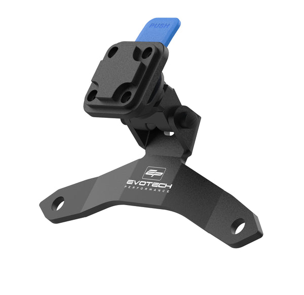Precision-machined from aluminium with a matt, black powder-coating, the Evotech Mount has a  blue and black Carpuride interface securely attached at two points. Finished with Evotech Performance logo in white, the EP sat nav bracket has pre-shaped attachment points to fit to the motorcycle.