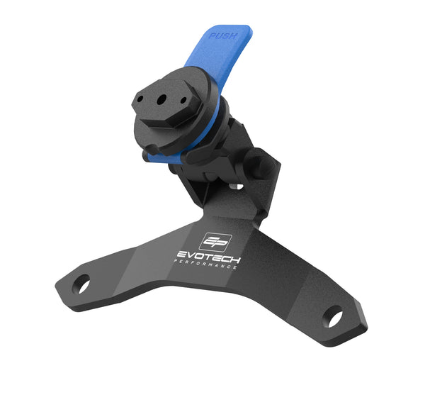 Displaying the Evotech Performance logo in white, the matt black powder-coated Evotech Mount has a Chigee interface secured at two points. Shaped from aluminium, the model-specific EP motorcycle accessory has pre-shaped insertion points.