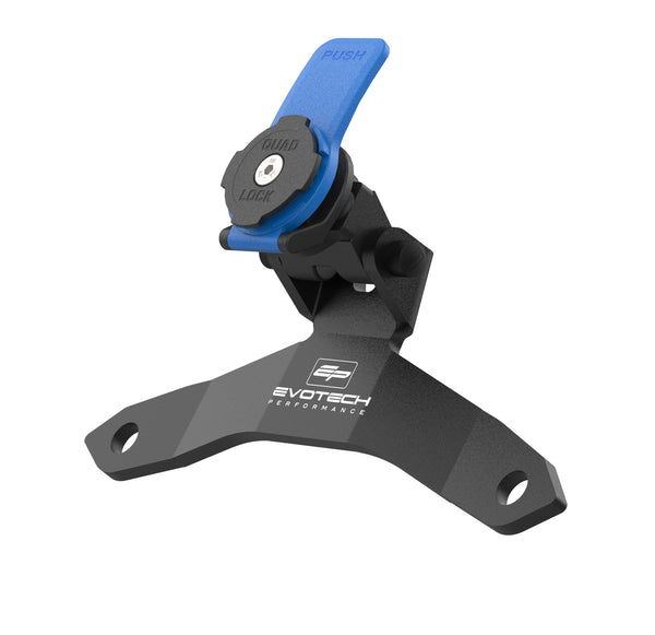 With the blue and black Quad Lock smartphone connector attached, the Evotech Sat Nav Mount has two clear pre-shaped insertion points to attach to the motorcycle's handlebar mounting points using the OE fasteners. Finished in a matt, black powder-coating, the aluminium Evotech motorcycle accessory has  a white Evotech logo.