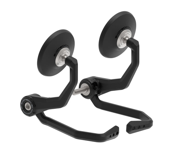 With integrated aluminium lever protectors, Evotech's Retro motorcycle handlebar end mirrors have models-specific fitting. Each round motorbike mirror has pivot adjustment and matt, black powder-coating to the metal motorcycle parts.