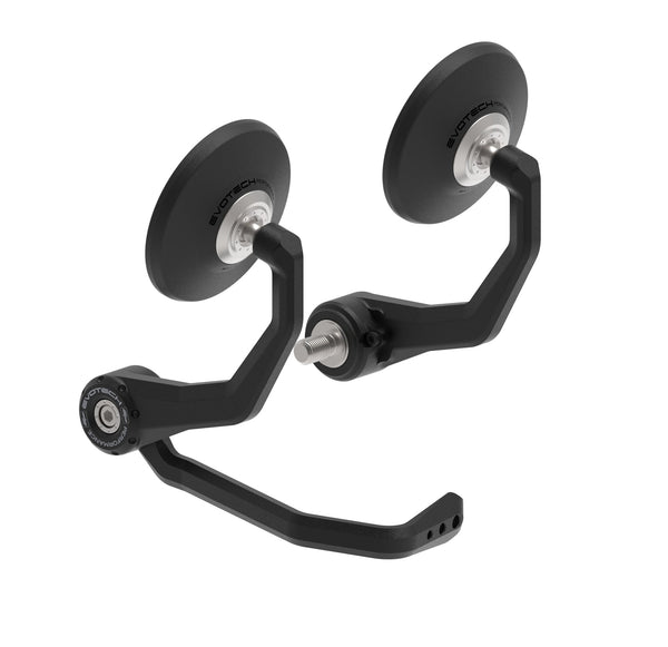 Evotech Bar End Mirrors with Brake Protector (Retro) for the Suzuki DR-4S are a pair of circular mirrors with a brake lever guard added to the right hand mirror. The aluminium mirror stem and lever guard are black powder-coated for longevity. The stainless steel mounting mechanism uses a collet system to easily install the Evotech Mirrors to the handlebars.