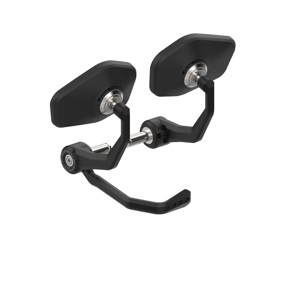 Evotech Bar End Sport Mirrors / Brake Protector For The Triumph Trident 660 Triple Tribute Edition (2024+) are model-specific handlebar end motorcycle parts. Evotech Performance’s  contemporary Sport mirror design is supported by a powder-coated aluminium stem and the right-hand attachment has an integrated EP aluminium brake lever guard.