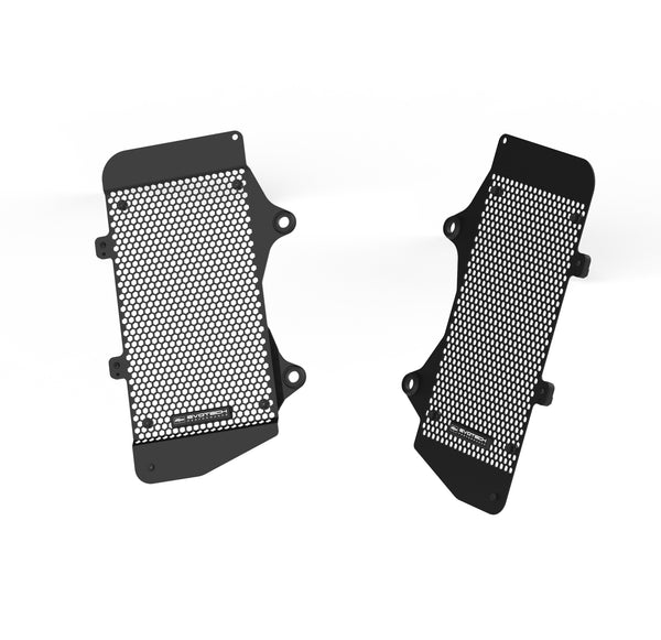 The pair of bespoke aluminium Evotech Radiator Guards have a mesh of hexagonal holes to permit airflow to the motorcycle's vital radiator. With insertion points to match current mounts on the motorcycle, the EP rad guards also have rectangular Evotech Performance logo badges and cushioning rubber bungs.