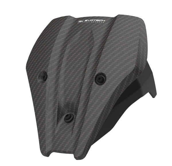 With a carbon fibre construction, the black Evotech Fly Screen displays the Evotech Performance logo. Evotech's aerodynamic motorcycle front screen attaches using a bespoke powder-coated aluminium bracket, with black fasteners supplied.