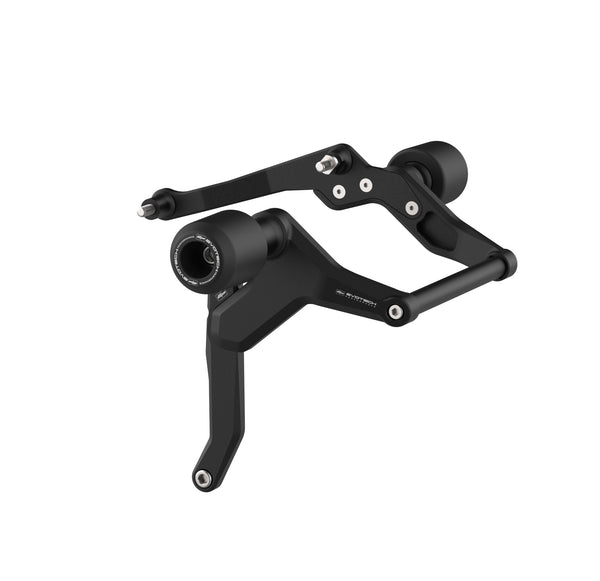 The Evotech Crash Protection has a bespoke design for each side of the motorcycle to extend 60mm Evotech large bungs from the aluminium brackets. The two parts share load using a through-rod and fit to the motorcycle with stainless steel Evotech bolts.