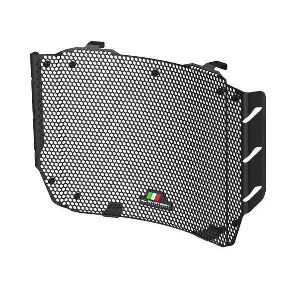 Custom made from aluminium, with a carefully machined matrix of hexagonal holes, the Evotech Radiator Guard has a bespoke fitting design. With the Italian T-shape Evotech Performance logo badge, the EP rad guard is the ideal Ducati protective part. 