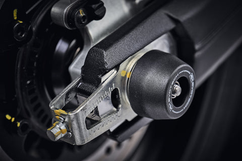 The precision fit of the signature EP Spindle Bobbins Kit to the swingarm and rear wheel of the Ducati Scrambler Nightshift.