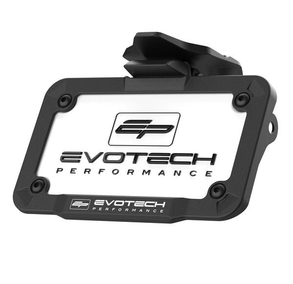 The Evotech Tuck Tail Tidy displays a US size licence plate with a bright road-legal LED light. The Evotech Fender Eliminator attaches to the motorcycle's tail using a model-specific design and has attachment points for aftermarket indicators.