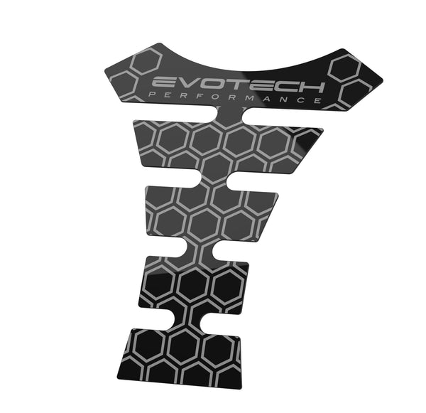 Hexagonal patterned motorcycle tank protection decal with 'Evotech Performance' branding and hexagonal pattern in light grey. Evotech's Fuel Tank Protection Stickers have a strong adhesive backing and a durable finish. 