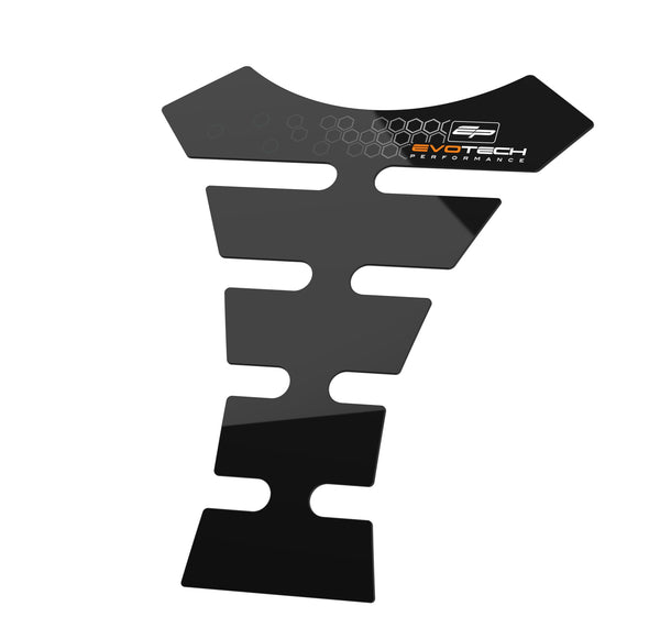 With a gloss finish, the black Evotech Fuel Tank Protector Sticker has a white and orange Evotech Performance logo. The laminated fuel tank pad has strong adhesive backing. 