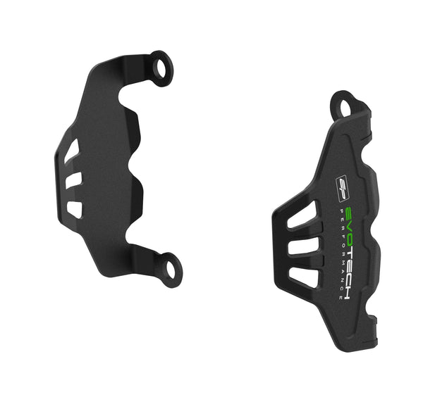 Evotech Front Caliper Guards are ergonomically shaped brake caliper protectors that provide crash protection to the front brakes. The model-specific Evotech Performance motorcycle parts are CNC-machined from aluminium with EP’s matt, black, durable powder-coating and white and green EP logos.