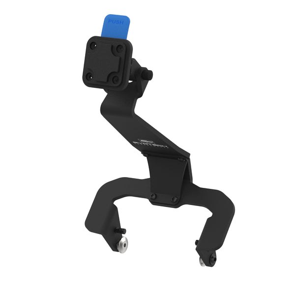 With precision angling, the Evotech Carpuride Mount is CNC-machined from aluminium with matt, black powder-coating and Evotech Performance logos in white. The Evotech motorcycle accessory has a Carpuride mount attached and is supplied with steel fasteners.