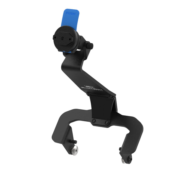 The black powder-coated aluminium Chigee Mount has a bespoke shaping to accurately fit behind the motorcycle's screen support framework. The Evotech motorcycle accessory has steel fasteners supplied. Finished with a blue and black Chigee interface and Evotech Performance logo printed in white.