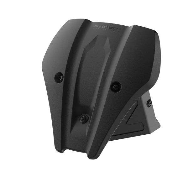 With aerodynamic shaping, and a bespoke aluminium fitting bracket, the Evotech Fly Screen is an easy-to-fit essential motorcycle accessory. Injection-moulded from strong ABS, the motorcycle front cowl has a matt black durable finish and Evotech Performance logo. 