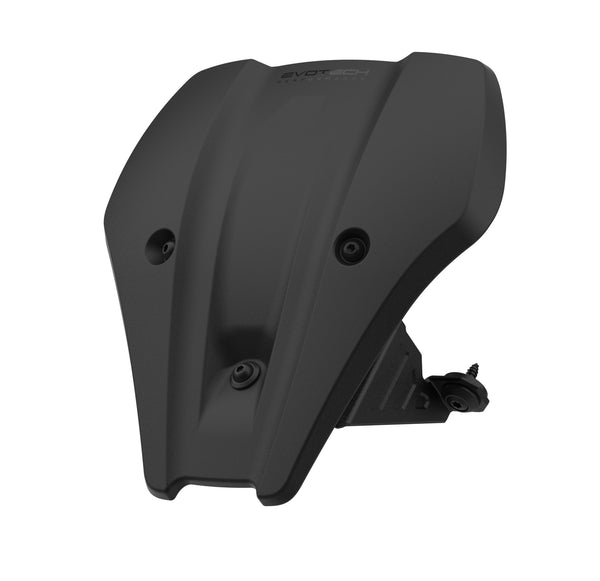With aerodynamic shaping, and a bespoke aluminium fitting bracket, the Evotech Fly Screen is an easy-to-fit essential motorcycle accessory. Injection-moulded from strong ABS, the motorcycle front cowl has a matt black durable finish and Evotech Performance logo. 