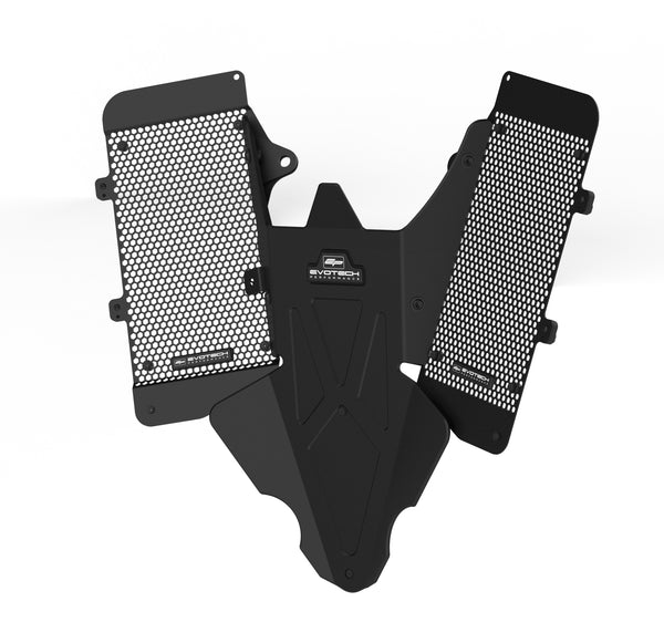 Three protective motorcycle parts in one, the Evotech Radiator / Engine Guard Kit combines two hexagonal holed radiator guards with a central single plate engine guard. Each Evotech motorcycle road debris guard is machined from aluminium and powder-coated black, with fastening points that co-ordinate with existing mounting positions. Completed with Evotech Performance logo badges.