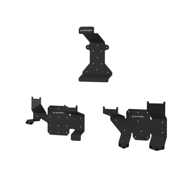 The full set of Evotech Pannier and Top Box Wall Mounting Brackets for Honda motorcycle top box and panniers. Each bespoke bracket accurately fits to the storage box, CNC-machined from aluminium and powder-coated black.