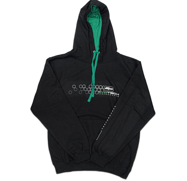 The Evotech Performance Hoodie is produced in black with green accents in the inner hood and draw strings and Evotech Performance logo.