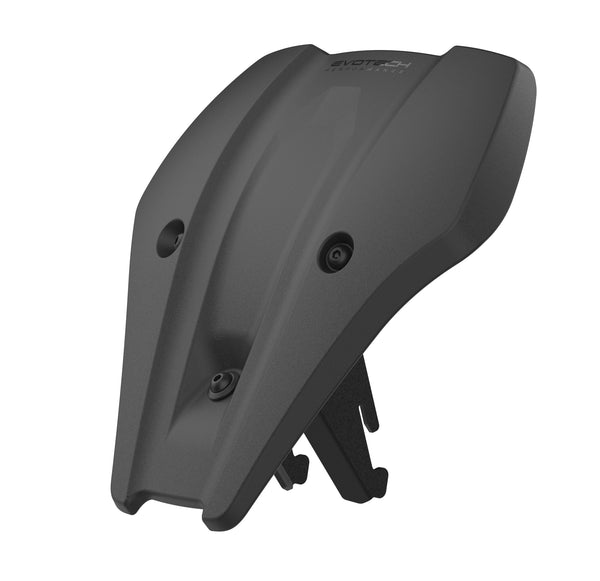 With aerodynamic shaping, and a bespoke aluminium fitting bracket, the Evotech Fly Screen is an easy-to-fit essential motorcycle accessory. Injection-moulded from strong ABS, the motorcycle front cowl has a matt black durable finish and Evotech Performance logo. 