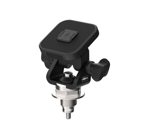 The Evotech Peak Design Compatible Sat Nav Mount attaches to the motorcycle’s top yoke with a replacement stainless steel bolt which has fitting point for an expanding collect locator. The Evotech motorcycle accessory then secures a Peak Design interface in position with wing screws for angle adjustment.