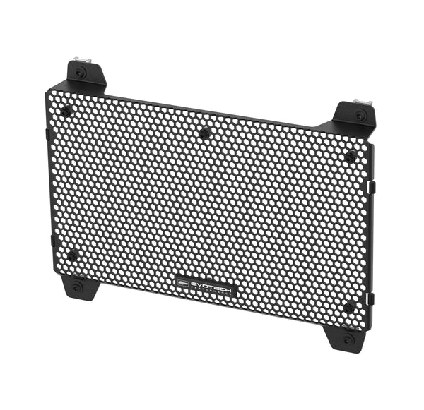 Precision-shaped for an accurate fit to the motorcycle, the Evotech Radiator Guard adds to existing mounting points for sleek protection from sticks, stones or other road debris. With rubber bungs for added cushioning, and a rectangular Evotech Performance logo badge, the EP rad guard is finished in matt black powder-coating.