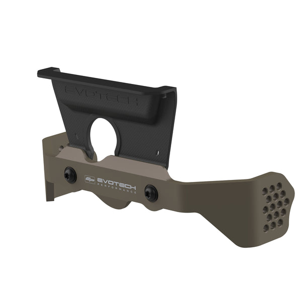 The Evotech Engine and Mud Protector Kit includes a CNC-machined aluminium bracket with a grey ceramic polymer finish pus an added black mud guard. Both Evotech trials motorcycle parts have Evotech Performance logos and model-specific fitting.