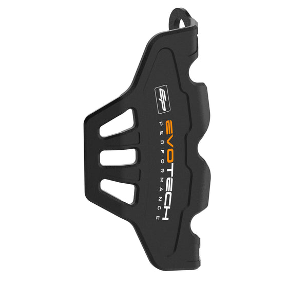 The Evotech Front Caliper Guard is a single ergonomically shaped brake caliper protector offering crash protection to the front single disc brake. The motorcycle part is CNC-machined from aluminium with Evotech Performance’s matt, black, durable powder-coating and  oranged coloured EP logos.