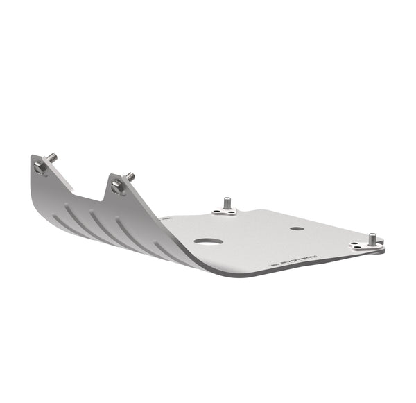 The single-piece brushed aluminium Evotech Sump Guard is specifcally designed to fit existing mounting points of the trials motorcycle. The replacement trials motorcycle part includes replacement fasteners and is branded with Evotech Performance logos.