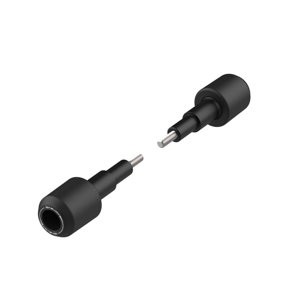 The pair of Evotech crash bobbins with powder-coated aluminium spacers and stainless steel bolts that make up Evotech Crash Protection. Each of the large 60mm crash bungs is printed with the Evotech Performance logo.