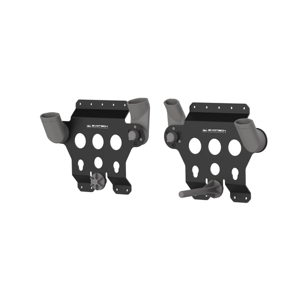 With a range of additional composite parts for a controlled hold of the left and right motorcycle panniers, the Evotech Pannier Wall Mounting Brackets have pre-drilled insertion points on the black-powder coated aluminium wall brackets. Each part displays the Evotech Performance logo in white.