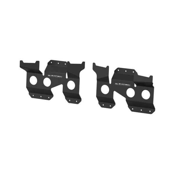 The pair of Evotech aluminium brackets are shaped to securely hold motorcycle panniers on the wall, when securely fastened using the range of fastening points. The black powder-coated aluminium brackets are shaped to work with the pannier's OEM attachment features.