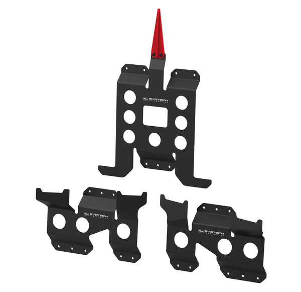 The full set of Evotech Pannier and Top Box Wall Mounting Brackets have a bespoke design to accurately attach the motorcycle panniers to a wall. With a range of fastener points and shaped to work with the panniers' latch-hold system, the custom pannier brackets are manufactured from strong aluminium and black powder-coated.