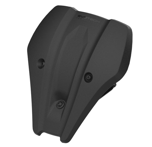 With aerodynamic shaping, and a bespoke aluminium fitting bracket, the Evotech Fly Screen is an easy-to-fit essential motorcycle accessory. Injection-moulded from strong ABS, the motorcycle front cowl has a matt black durable finish and Evotech Performance logo. 