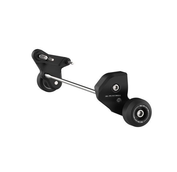 Held together by a stainless steel through-rod, the two part Evotech Crash Protection has bespoke brackets CNC-machined from aluminium bearing low profile Evotech crash bobbins. The matt, black powder-coated brackets are secured by stainless steel fasteners.