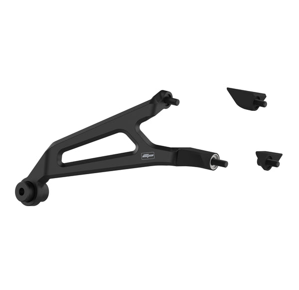 With bespoke shaping for accurate fitting to the motorcycle, the Evotech Exhaust Hanger is precision-shaped from aluminium. With aluminium spacers, a rubber grommet and black fasteners, the Evotech motorcycle part is finished with a matt, black powder-coating and Evotech Performance logos. Two separate pillion peg inserts with black fasteners are accurately shaped for the left side of the motorcycle.