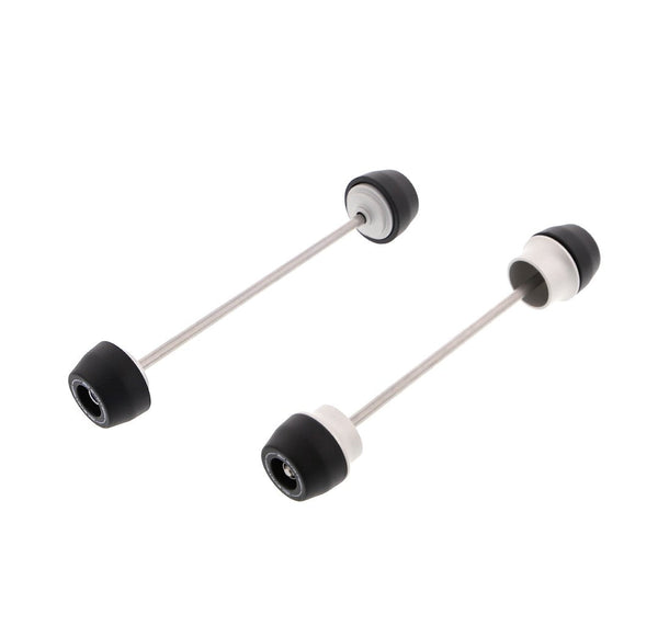 EP Spindle Bobbins Kit for the Kawasaki Ninja 650 Performance includes front fork crash protection (left) and rear swingarm protection (right). Stainless steel spindle rods hold the signature Evotech Performance nylon bobbins and aluminium spacers together which will attach securely through the motorcycle’s wheels.  